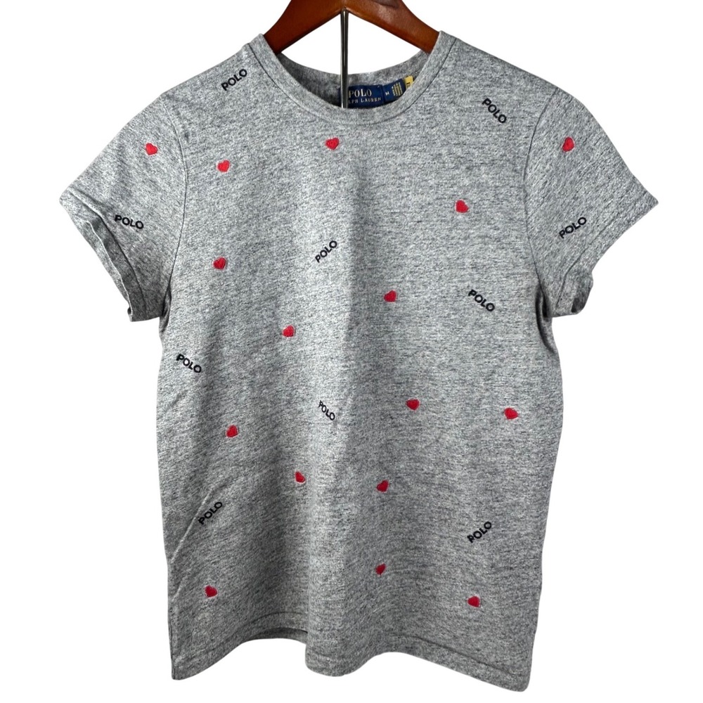 Polo Ralph Lauren Womens Gray Embroidered Graphic Red Heart Logo T-Shirt Size M‎